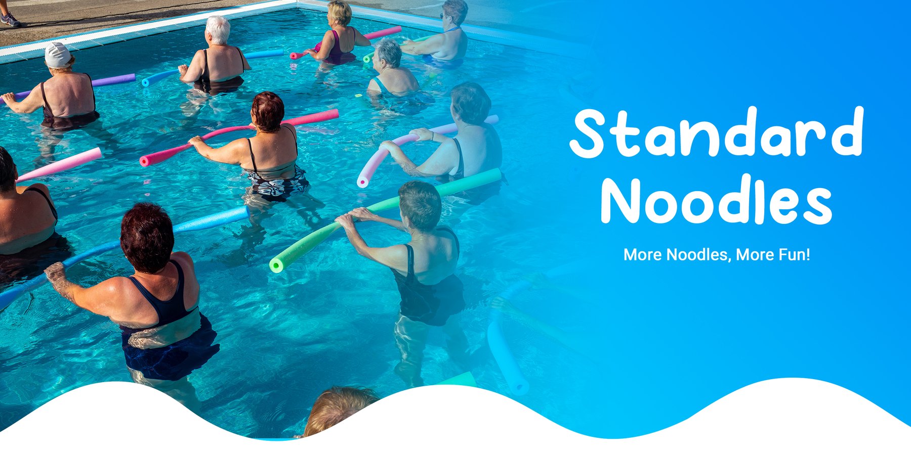 Swimmers holding Oodles of Noodles foam pool noodles in an outdoor pool